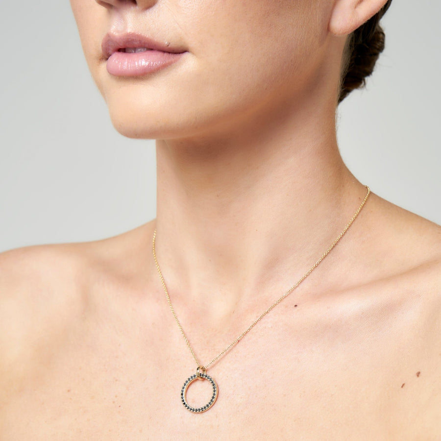 9ct Gold Pavé Black Diamond Circle Pendant & Chain