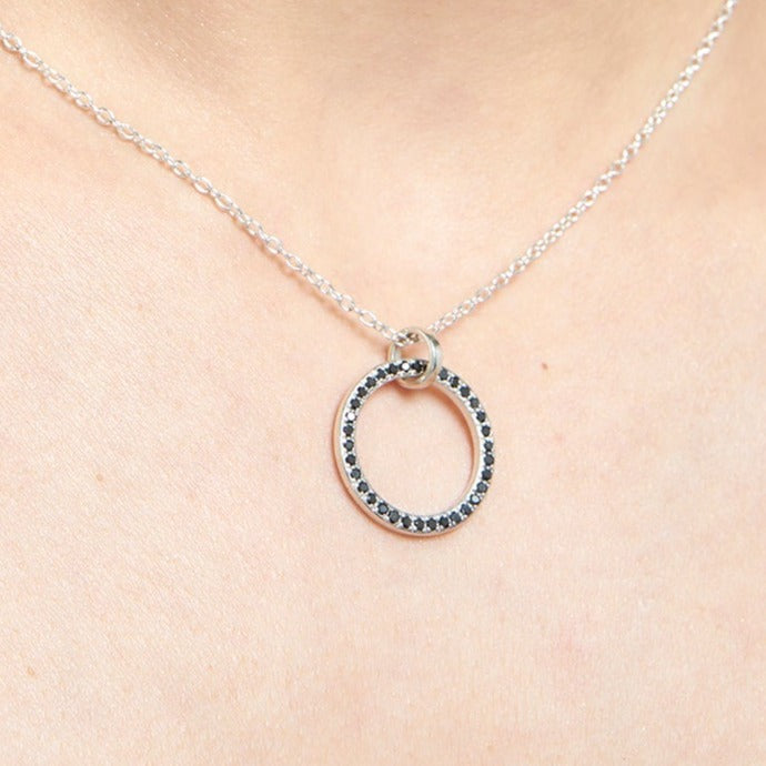Sterling Silver Pavé Black Diamond Circle Pendant & Chain