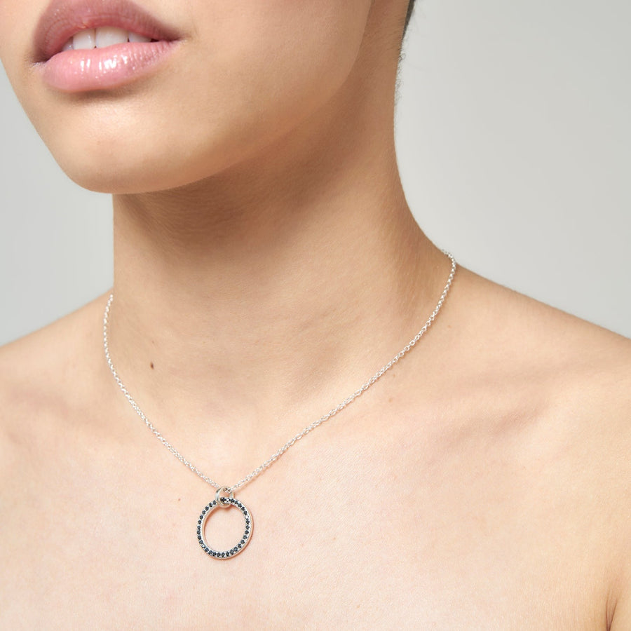 Sterling Silver Pavé Black Diamond Circle Pendant & Chain