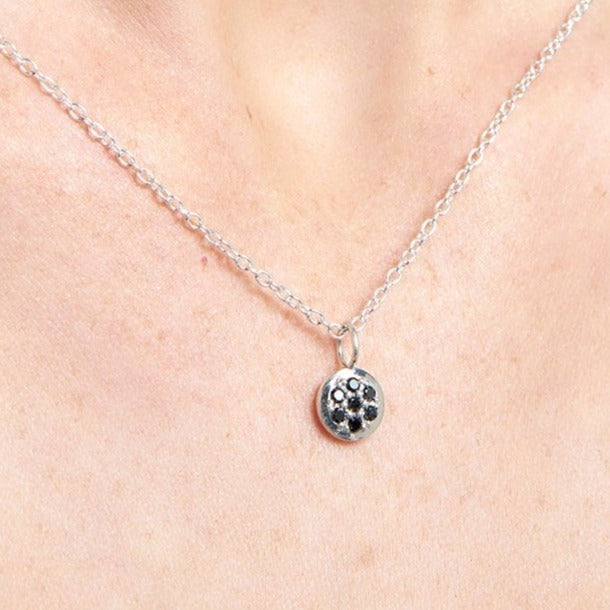 Sterling Silver Pavé Black Diamond Round Pendant & Chain